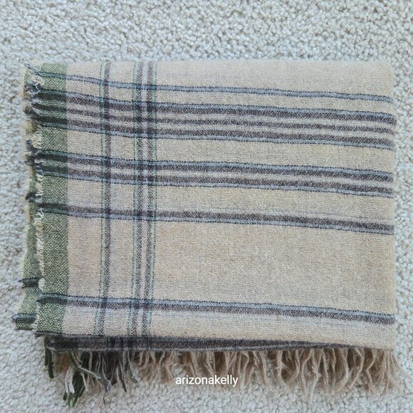 Amicale Cashmere Woven Plaid Fringe Tan Brown Green - Picture 3 of 12